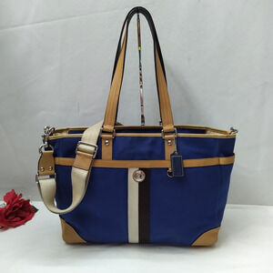 Coach Blue Canvas Leather Trim Stripe Double Handles Diaper Tote Bag
